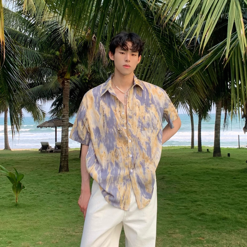 Hawaiian Ice Silk Beach Floral Shirt Short-Sleeved Men's Plus Size Summer Seaside Vacation Men's Clothing Southeast Asian Style Clothes