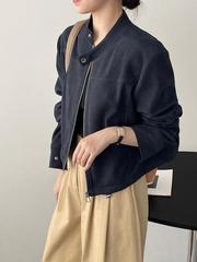 藏蓝色无领老钱风高腰外套女款春秋别致小上衣短款夹克2025潮