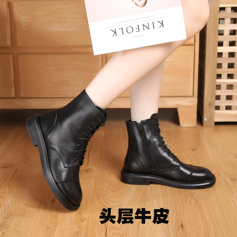 정품 가죽 마틴 부츠 여성의 가을과 겨울 새로운 소프트 솔 탑 레이어 소가죽 신발 레이스업 사이드 지퍼 캐주얼 하이탑 앵클 부츠 트렌디