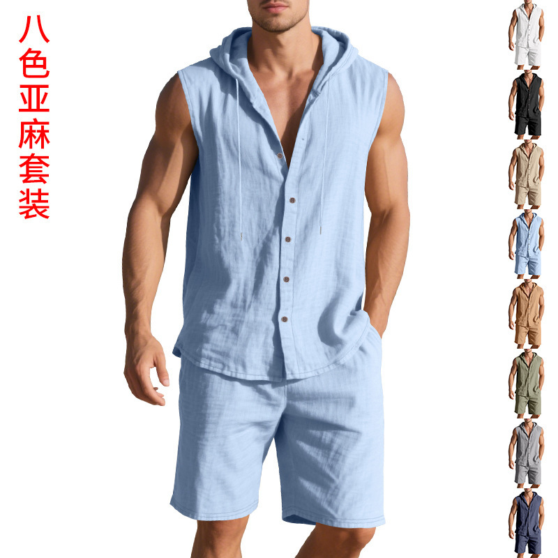 25 Cross-Border Amazon Summer Linen Suit Men's Casual Sleeveless Waistcoat Hooded Linen Shirt Shorts Suit 25 Cross-Border Amazon Summer Linen Suit Men's Casual Sleeveless Waistcoat Hooded Linen Shirt Shorts Suit