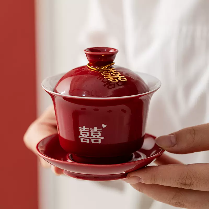 婚礼茶具新人改口敬茶杯结婚红色喜碗勺筷套装新娘陪嫁喜庆用品