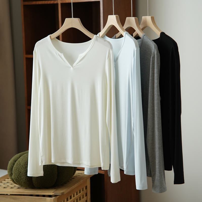 Contains Mulberry Silk, Women's V Neck Long-Sleeved Light Top, Slightly Loose and Versatile Women's Bottoming Shirt, Autumn Women's Clothing