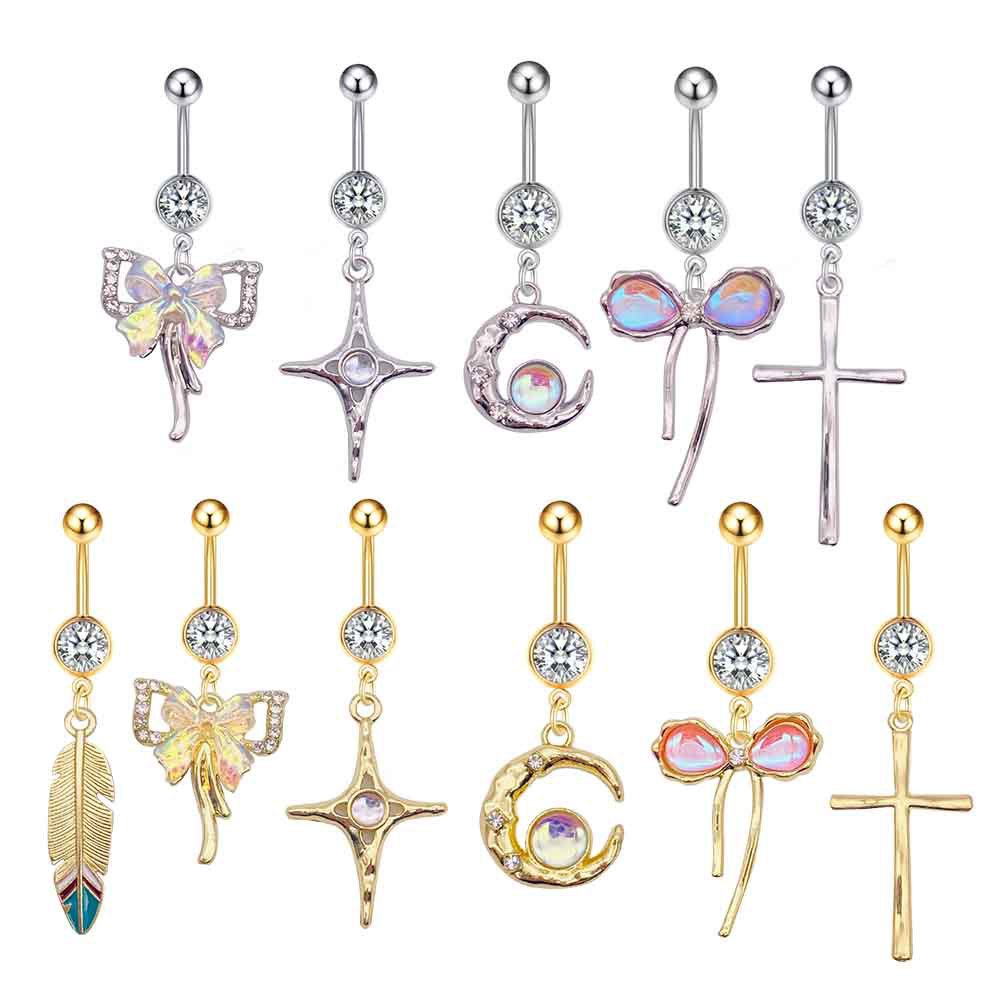 European And American Cross-Border Stainless Steel Colorful Bowknot Cross Belly Button Ring Body Piercing Jewelry_voghion.com