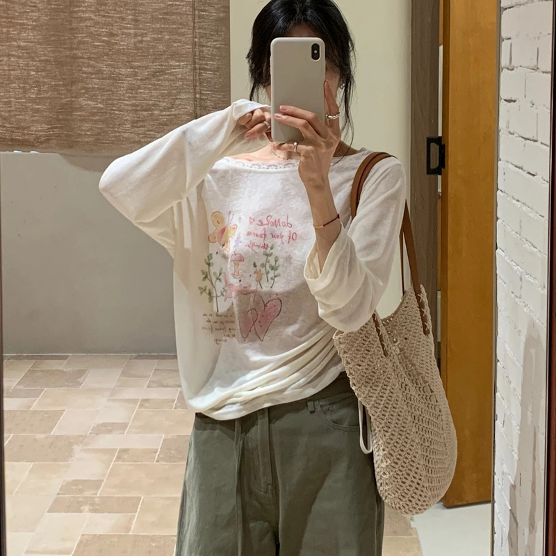 Brvin White Printed Stretch T-Shirt for Women, New Summer Style, Sun-Protective, Off-Shoulder, Lace Trim, Loose Fit, Slimming Top Brvin White Printed Stretch T-Shirt for Women, New Summer Style, Sun-Protective, Off-Shoulder, Lace Trim, Loose Fit, Slimming Top