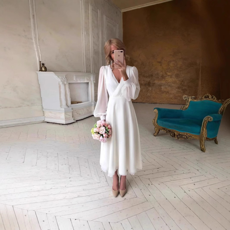 European and American New Simple V-Neck Autumn Long-Sleeved Super Fairy Wedding White Evening Dress Export Waist Slimming Look Dress