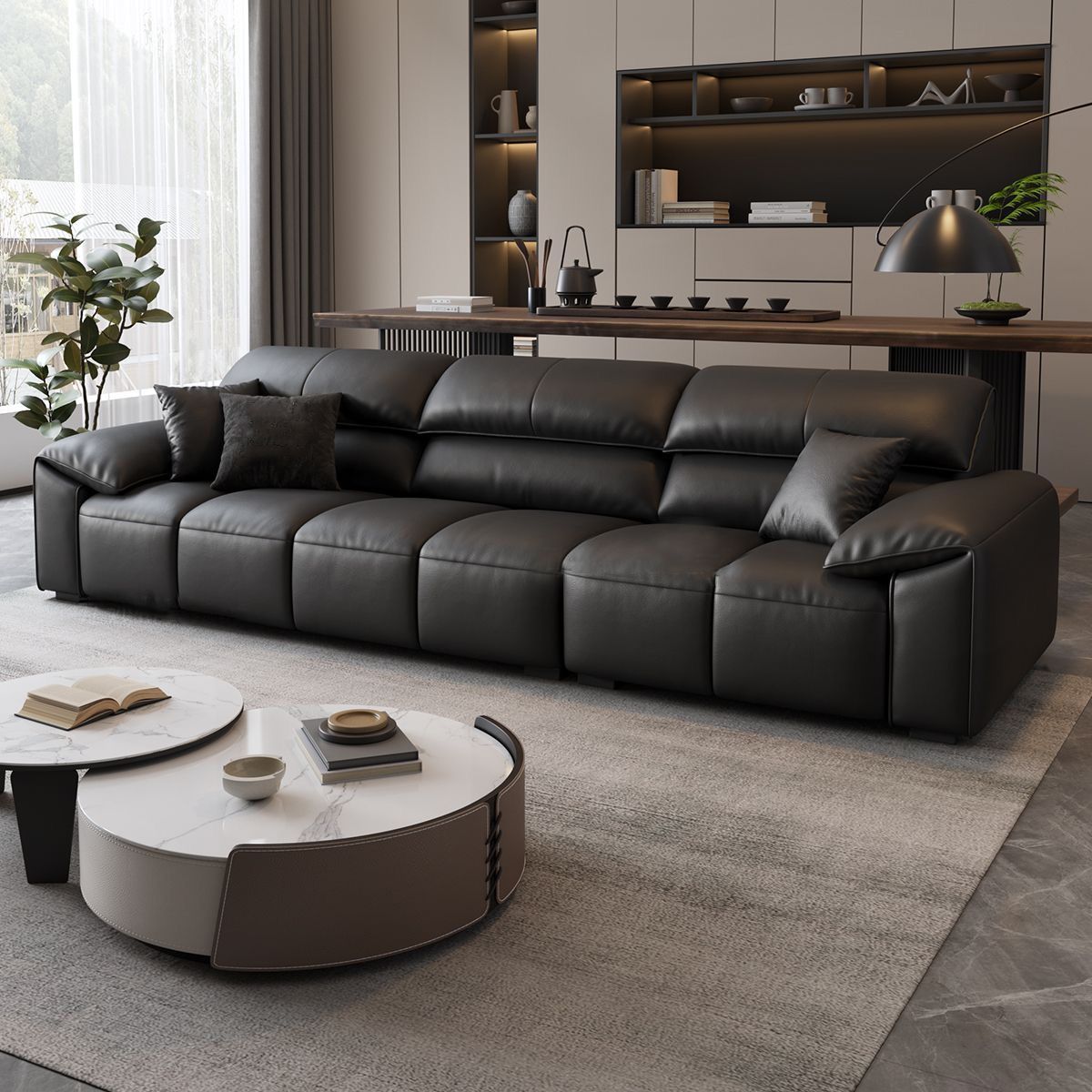 Italian-Style Minimalist Elephant Ear Leather Sofa for Large Living Rooms, Piano Key Straight-Row Sofa, Leather Art, Foshan Furniture