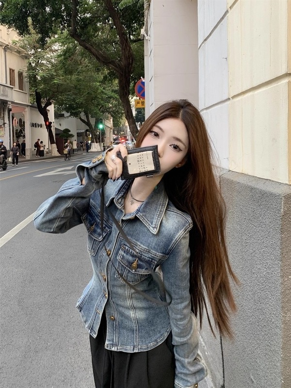 复古蓝polo领长袖衬衫外套女装春季修身收腰牛仔衬衣气质开衫上衣|undefined
