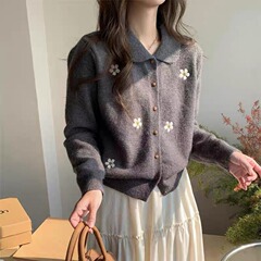 灰色春秋季小个子刺绣针织秋冬开衫毛衣慵懒新款春秋宽松上衣外套
