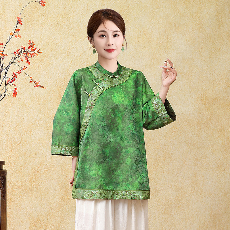 Chinese-Style Shirt with Diagonal Placket and Buttoned Stand Collar, Elegant Jacquard Mid-Length Top, Spring Slim-Fit Seven-Quarter Sleeve Women's Clothing Chinese-Style Shirt with Diagonal Placket and Buttoned Stand Collar, Elegant Jacquard Mid-Length Top, Spring Slim-Fit Seven-Quarter Sleeve Women's Clothing