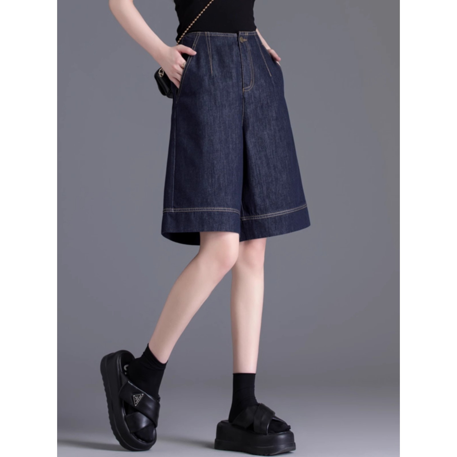 Quần short denim nữ dáng rộng ống suông mùa hè — Xanh denim