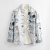 Youth Chinese style cowboy printing Embroidery Flying crane landscape Long sleeve Flax Chinese style leisure time coat