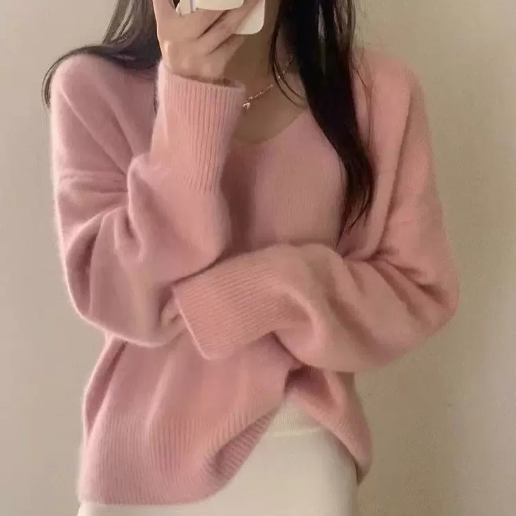 新款慵懒风软糯温柔宽松显瘦领针织衫上衣女设计感秋冬内搭毛衣厚