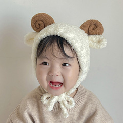 秋南 嬰兒帽子秋冬可愛超萌綿羊綁帶毛線帽嬰幼兒針織寶寶護耳帽