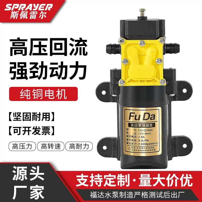 福达定制 12V农用高压电动喷雾器隔膜泵回流压力泵罐装清洗器水泵