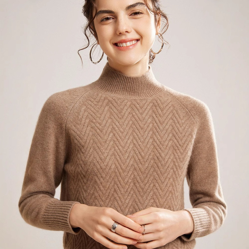 Autumn and Winter New Style Half Turtleneck Cashmere Women's Jacquard Thick Sweater Pure Color Knitted Loose Pullover with No Ironing Treatment