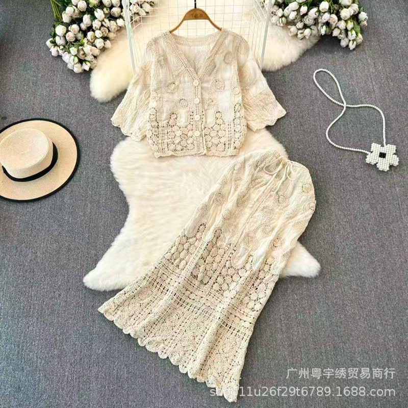 2025 New Holiday Essentials! Hollow Crochet Lace Crop Top + Skirt Elegant Two-Piece Set