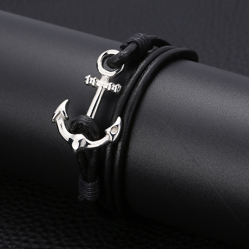 Stone-Free Inlay Material Punk Simple Style Anchor Stainless Steel Cowhide Plating Men's Bracelets Men Cord & Leather Bracelets