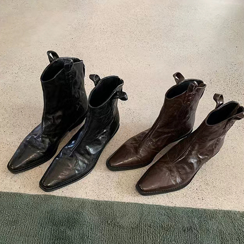 New Style Grape Mom~ Autumn and Winter Pointed Toe V-Cut Retro Denim Slim Boots with Chunky Heel and Wrinkled Texture, Western Short Boots for Women