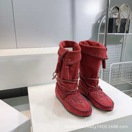 贝尔25秋冬新款欧美复古编织流苏名族风平底中靴！松垮皱面牛反绒