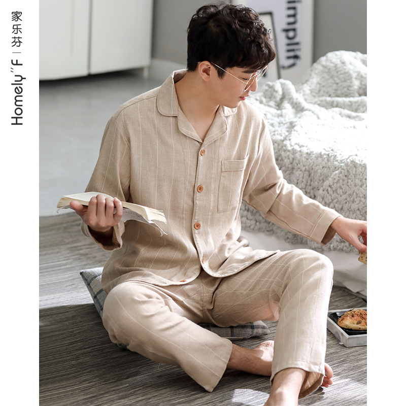 Pijamas de hombre de primavera y otoño 100% algodón de manga larga ropa para el hogar de los hombres de otoño e invierno más tamaño Delgado