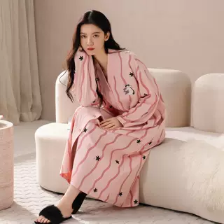 睡衣睡裙女春秋季新款莱卡棉长袖和服领开衫家居服外穿大码连衣裙
