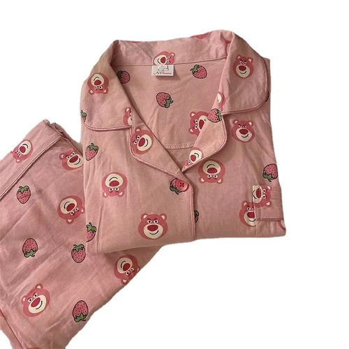 Strawberry Bear Pink Women's Spring and Autumn Winter Loose Cute Cartoon Long Sleeve Long Pants Pajama Set of 2