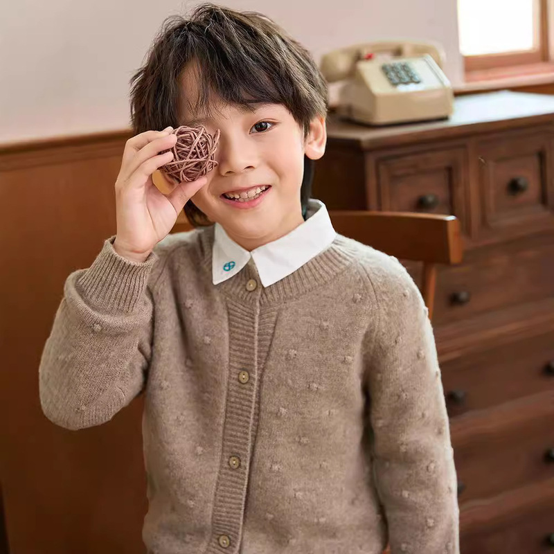 Autumn and Winter Children's Thickened Popcorn Wool Knitted Cardigan Jacket Solid Color Men's and Women's Casual Outer Size Children's Sweater