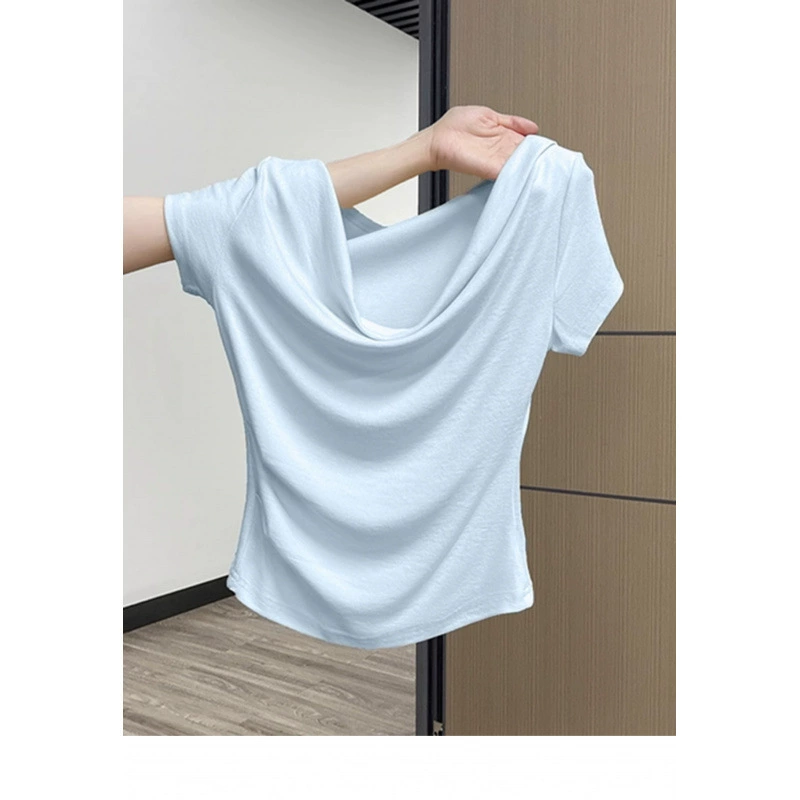 французская женская футболка на одно плечо с короткими рукавами летом, сладкий и пряный нишевый дизайн, плиссированная тонкая талия, красивый топ