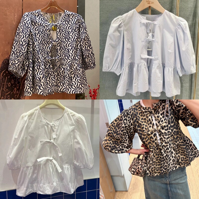 Spot 24 New New Chinoiserie Leopard Print Loose Doll Pure Color Cotton Lace-Up Shirt Versatile Top