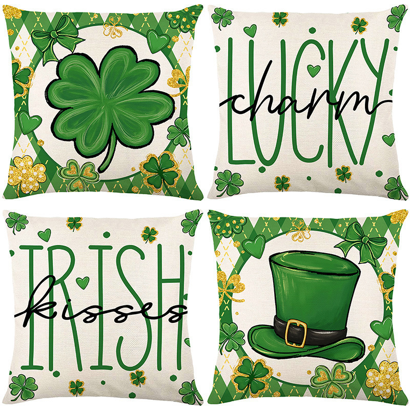 Green Four-Leaf Clover Printed Pillow Cover Cross-Border St. Patrick's Day Decorative Cushion Cover Living Room Sofa Cushion Batch Green Four-Leaf Clover Printed Pillow Cover Cross-Border St. Patrick's Day Decorative Cushion Cover Living Room Sofa Cushion Batch