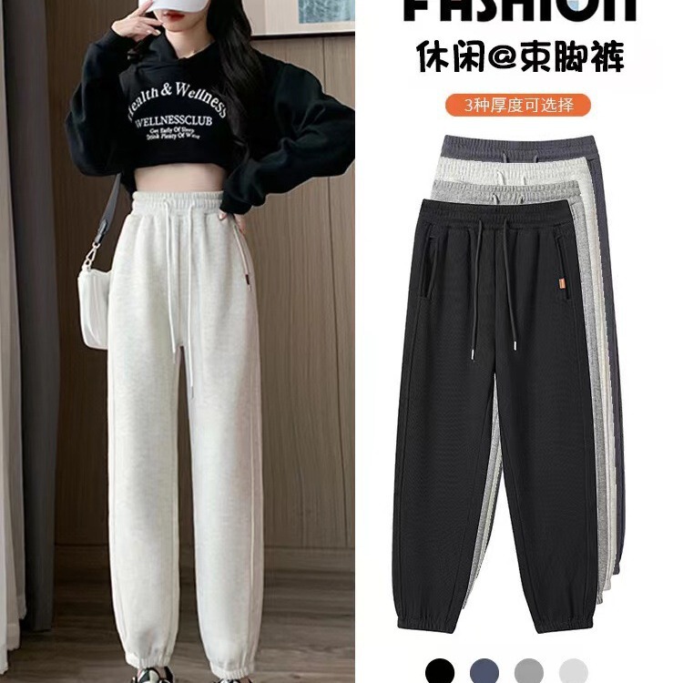 fleece-lined Thickened Lamb Velvet Sports Pants Women's Autumn and Winter 2023 New Grey Students'Cuff Pants Small Sweatpants
