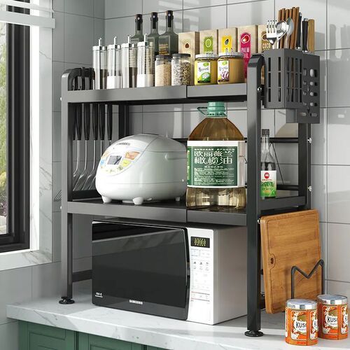Expandable microwave shelf with thickened table top, double-layer rice cooker and oven for home use, storage magic tool