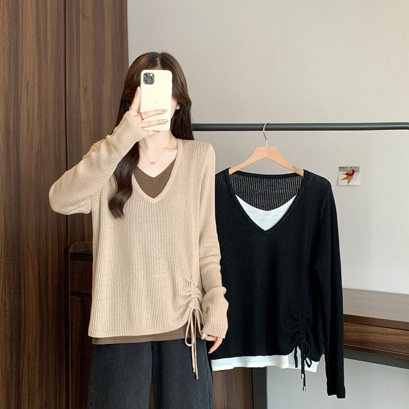 2025 New Autumn Clothing for Fat mm Plus Size Women's Design Contrasting Fake Two-Piece Drawstring Knitted Tops