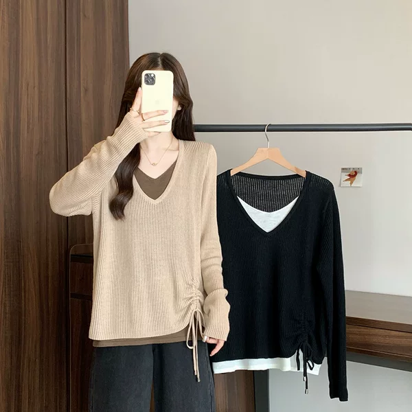 2025 New Autumn Clothing for Fat mm Plus Size Women's Design Contrasting Fake Two-Piece Drawstring Knitted Tops