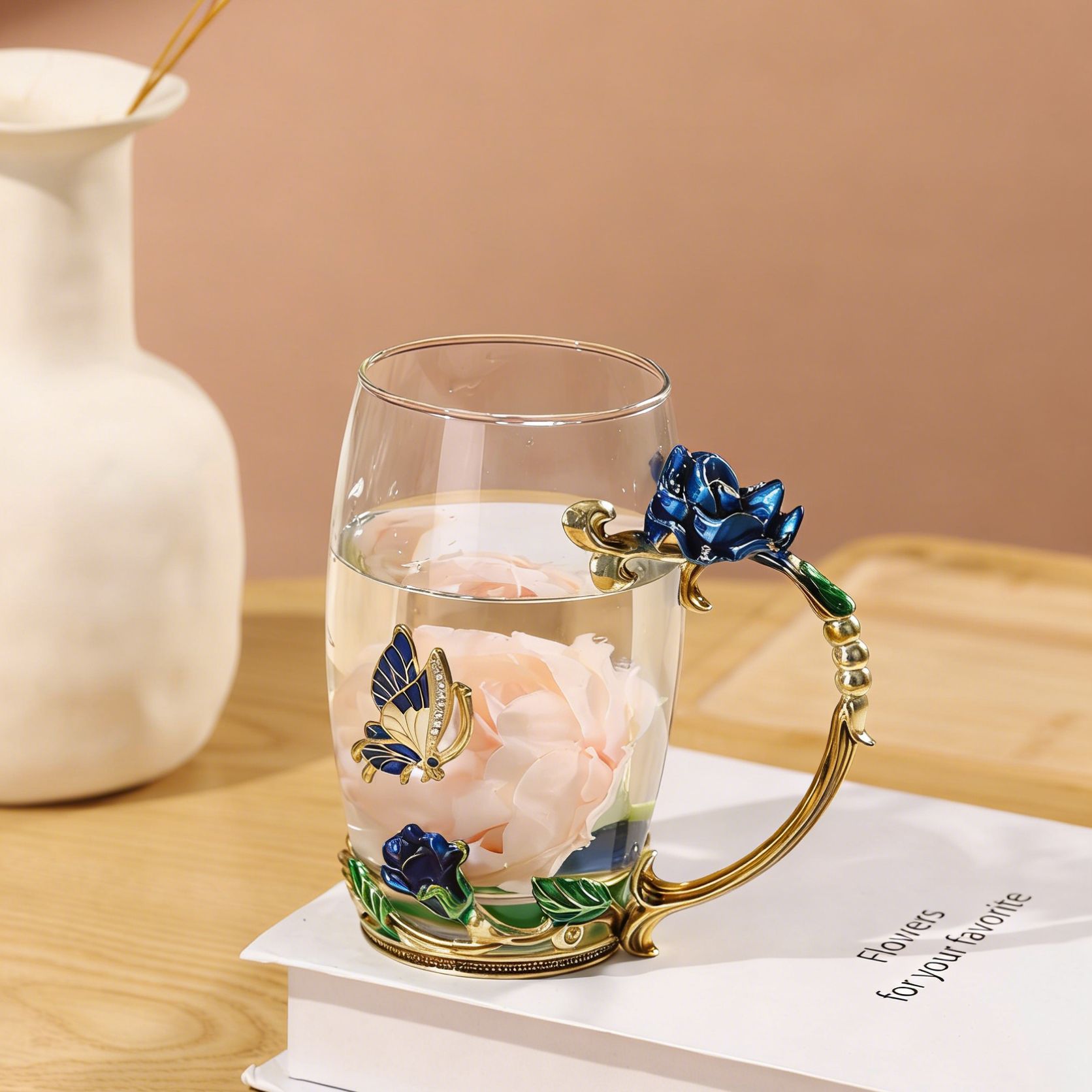 Taza de té con cubierta de flores creativa sala de estar taza de agua de desayuno de lujo taza de leche de esmalte de color taza de café de mujer taza de vidrio casero