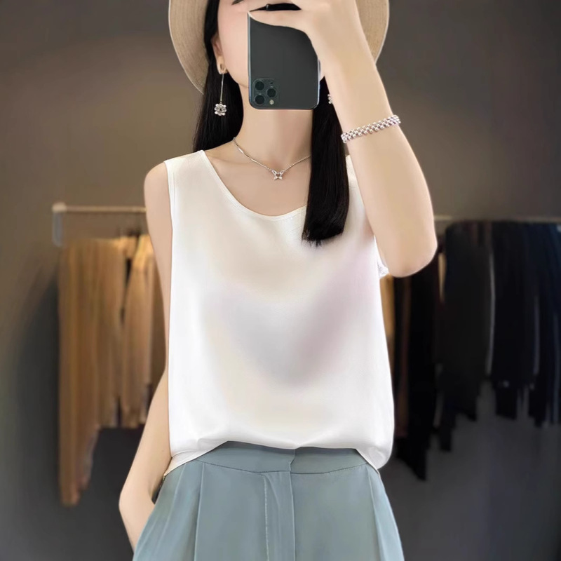 Silk Satin 2025 Spring and Summer New Women's Pullover Short Top Sleeveless Vest Round Neck Suspender Pure Color Inner Wear