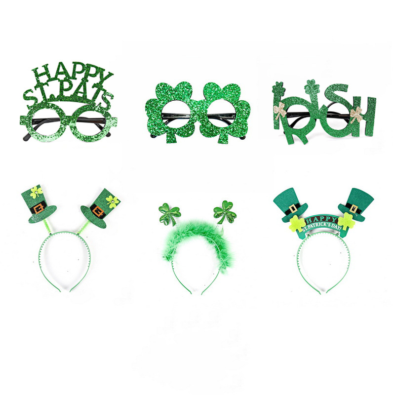 Día de San Patricio tema trébol tocado de cabeza irlandés fiesta de cerveza gafas decorativas de trébol
