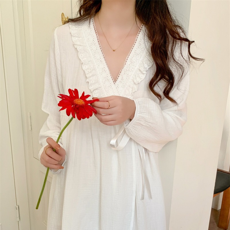 Pure Cotton Korean Style Spring New Pajamas Women's Dress French Sweet Lace Splicing Can Be Worn Outside Home Clothes Nightgown