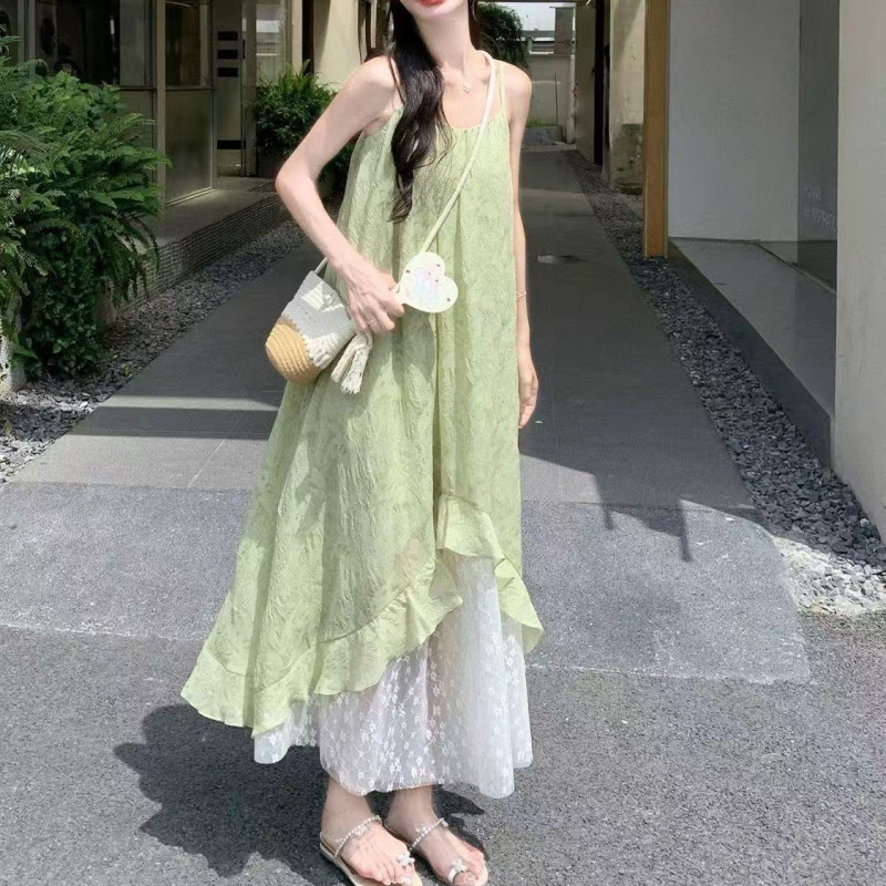 法式2025印花夏季拼接新款海边吊带度假气质不规则连衣裙裙子|undefined
