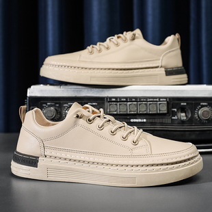 2024 Spring Popular White Shoes Trbottomy Elastic Band Men's Shoes Leather Low-Top Sneakers Real Stepping Flat Casual Shoes