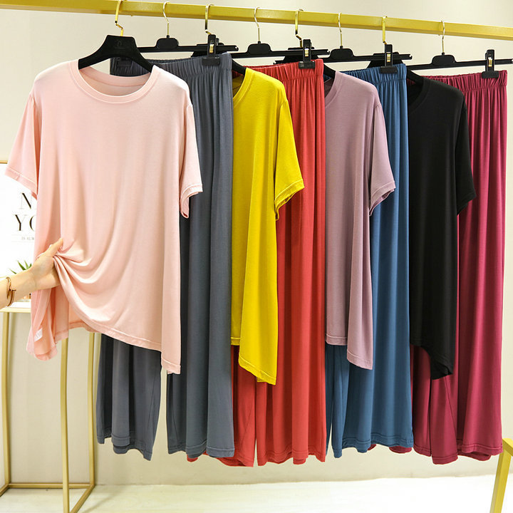 大碼睡衣女套裝可外穿夏季莫代爾休閑薄款T恤三件套長褲潮家居服