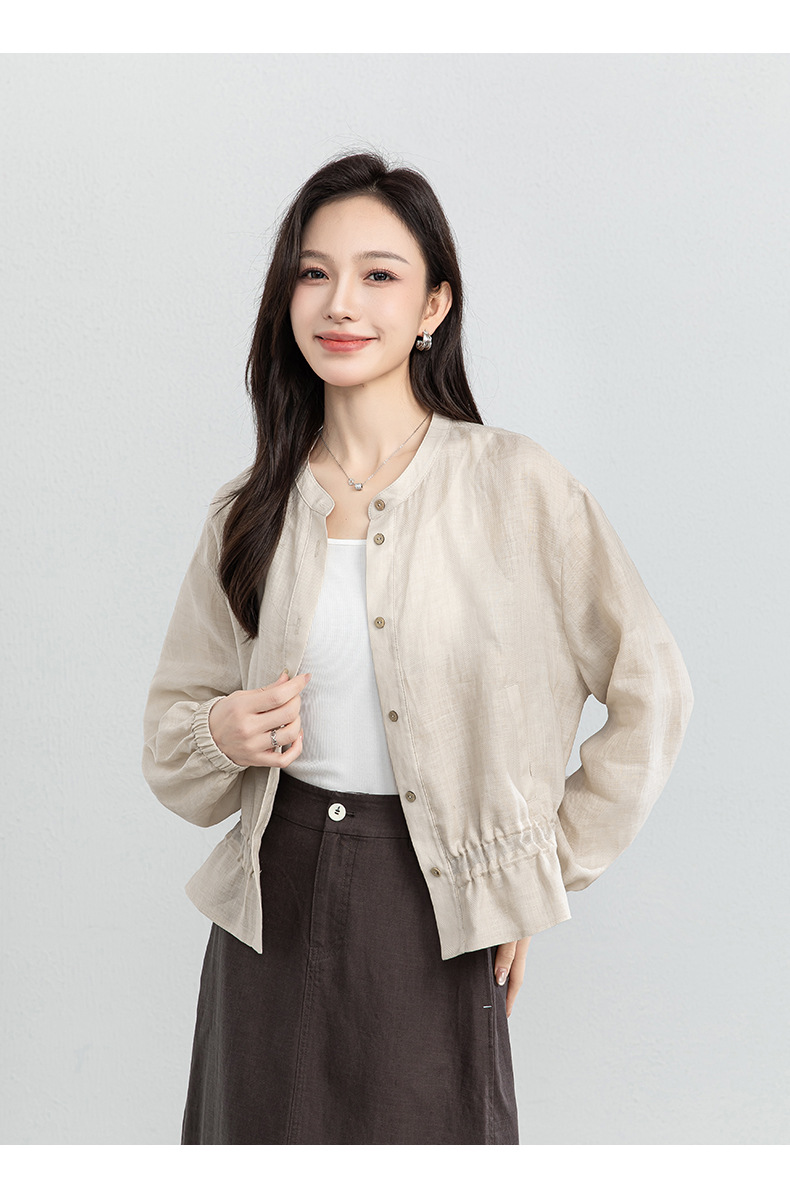 Áo sơ mi nữ tay ngắn cổ đứng viền lá sen, dáng rộng suông — màu xanh navy chi tiết 18