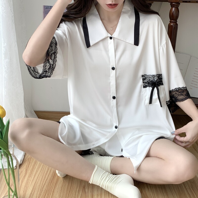 Boyfriend White Shirt Short-sleeved Shorts Pajamas Women's Ice Silk Sexy Back Lace Ice Silk suit Home Clothes