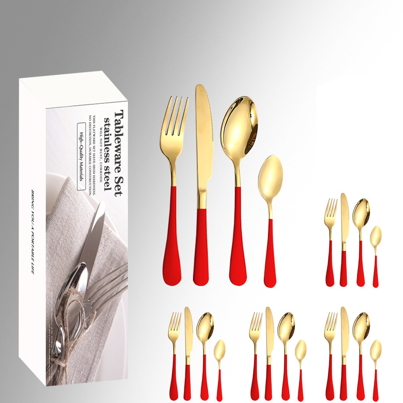 Amazon productos calientes de acero inoxidable vajilla 24 unidades traje 1010 cuatro piezas principales caja simple comida occidental cuchillo, tenedor y cuchara