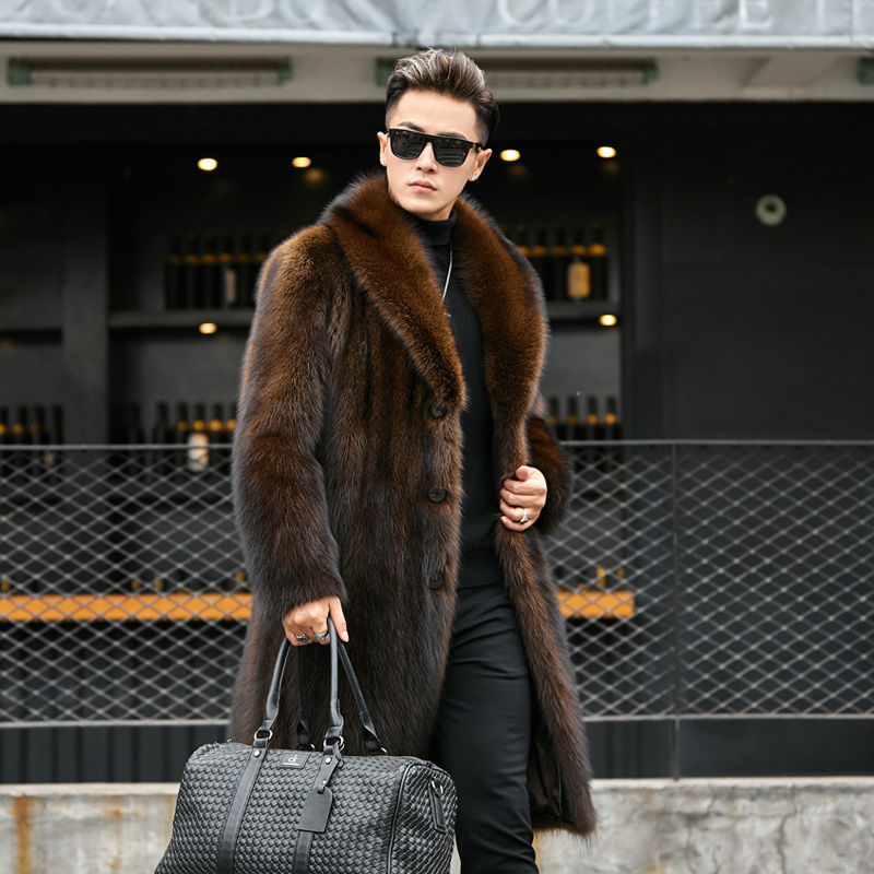 Imitation mink coat men's mid-length autumn and winter plus size fleece-lined thickened imitation raccoon fur coat brown