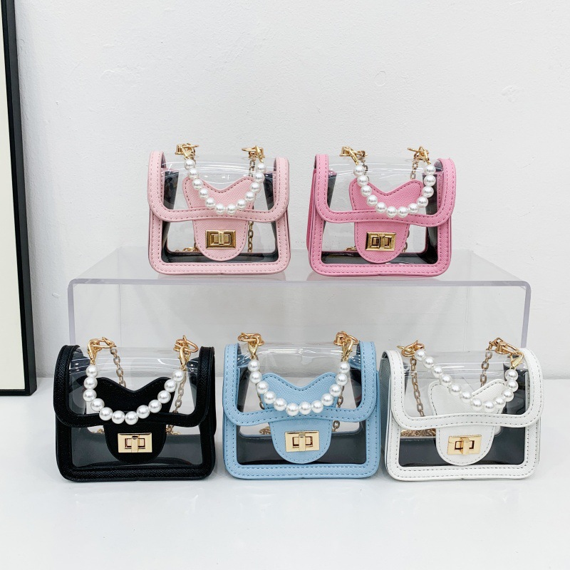 Bolso de hombro de moda para niña pequeña, bolso de gelatina para niños transparente de estilo occidental, nuevo bolso de bebé con cadena de perlas