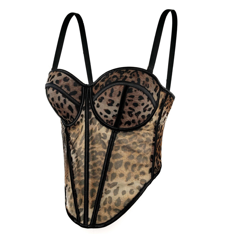 Sexy Leopard Dot Pattern Stitching Bra Sling High-end Sense Inner Mesh Lace Perspective Outer Wear Fishbone Bra