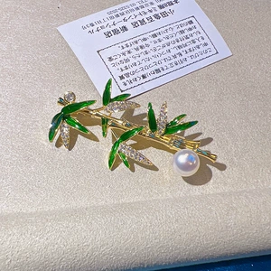 DIY Accessories Chinese Style High Rise Bamboo Brooch Enamel Painted Bamboo Leaf Pin Buckle Pearl Corsage Empty Holder