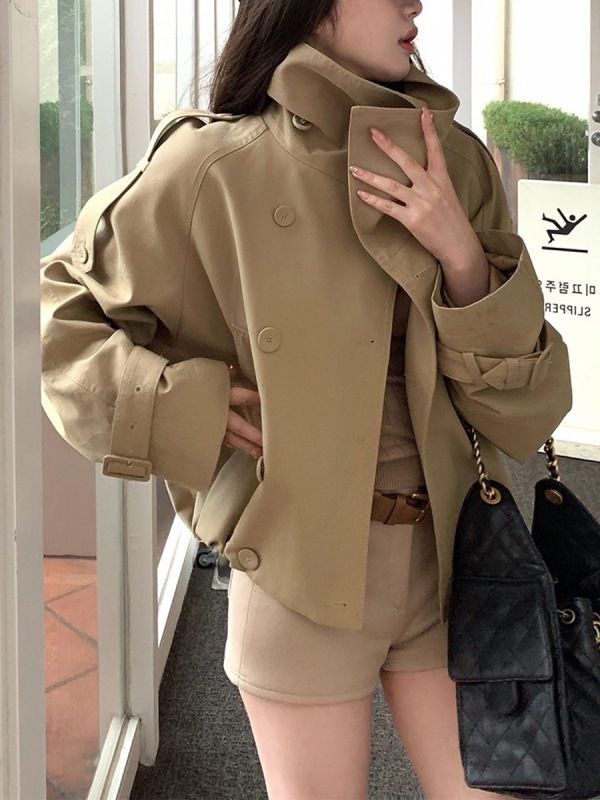 Ac*e25早秋新款双排扣美拉德色系立领短款风衣英伦风夹克女外套|undefined