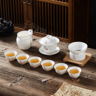 Home Living Room Light Luxury Tea Office High-end Dehua White Porcelain Cover Bowl Tea Cup Suet Jade Kung Fu Tea Set suit